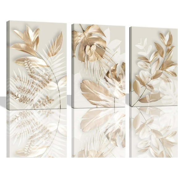 Large Picture for Living Room 3 Pieces Modern Gold Flowers and Leaves Canvas Wall Pictures White and Gold Wall Art for Bedroom Decor Elegant Wall Decor Set of 3 Wall Art Unframed