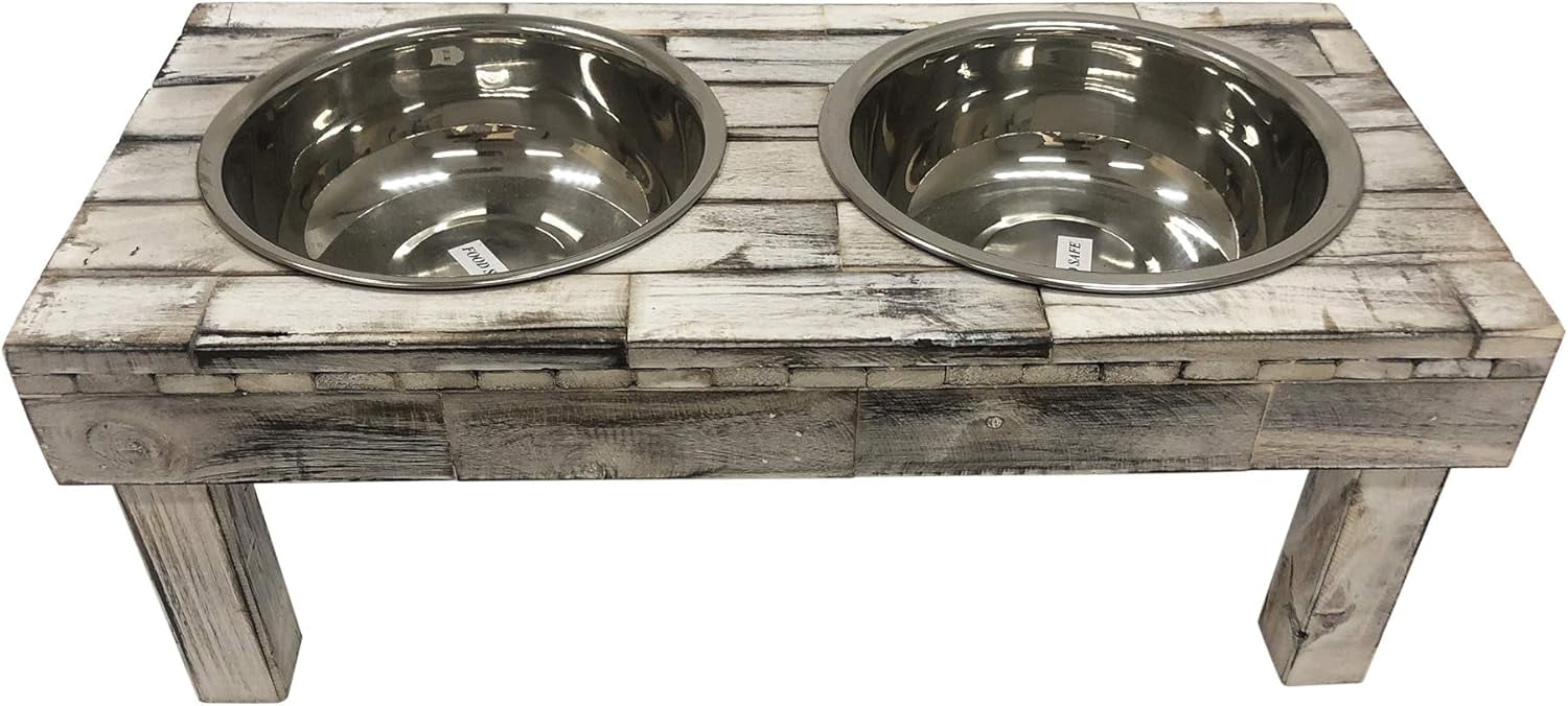Huntley Pet Berjen Table Elevated Double Bowl Feeder, White Wash (Large)