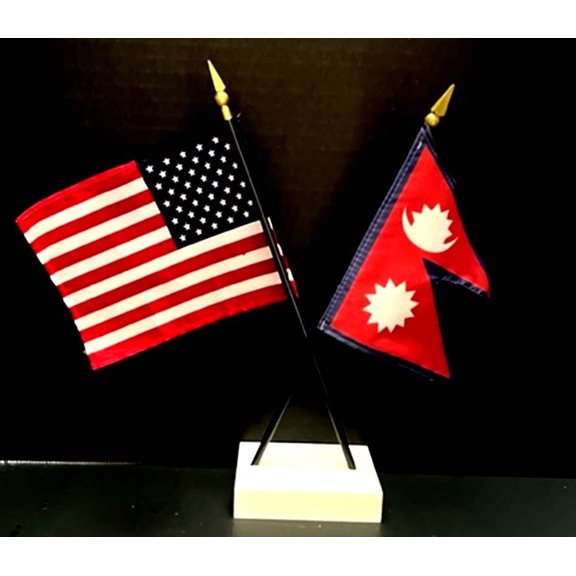 Nepal Desk Flag Set; Contains One USA and One Country Flag with a White Crossed Base, American Made