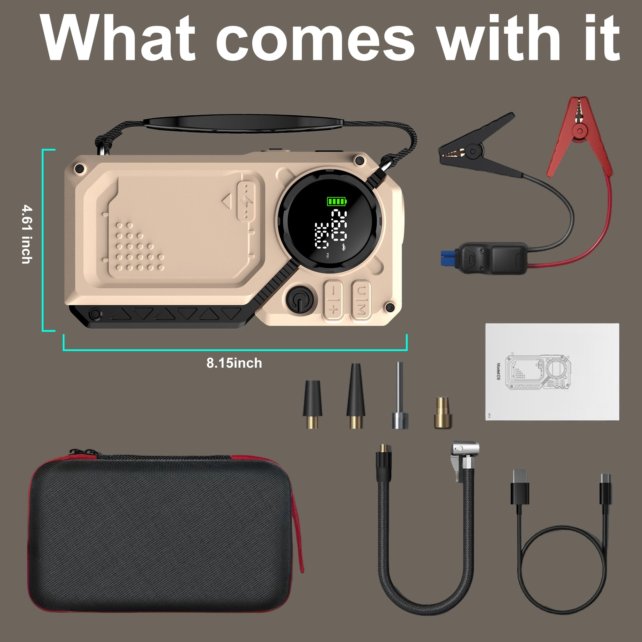 EVLIVE 3000A Peak Car Jump Starter Portable(8.5 Gas/6L Diesel)，Battery Jump Starter with Air Compressor 150 PSI，Dual USB Quick Charge & LED Light