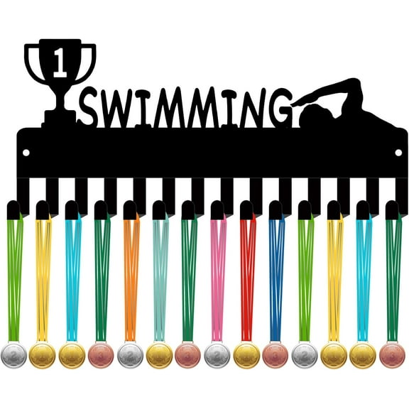 Swimming Medal Ribbon Holder Award Metal Hooks Small Black Iron Sports Medal Hanger Display Rack Wall Mounted Decor for Swimmers Medalists Athletes Lanyard Ribbons Organizer 11.4x5.1Inch