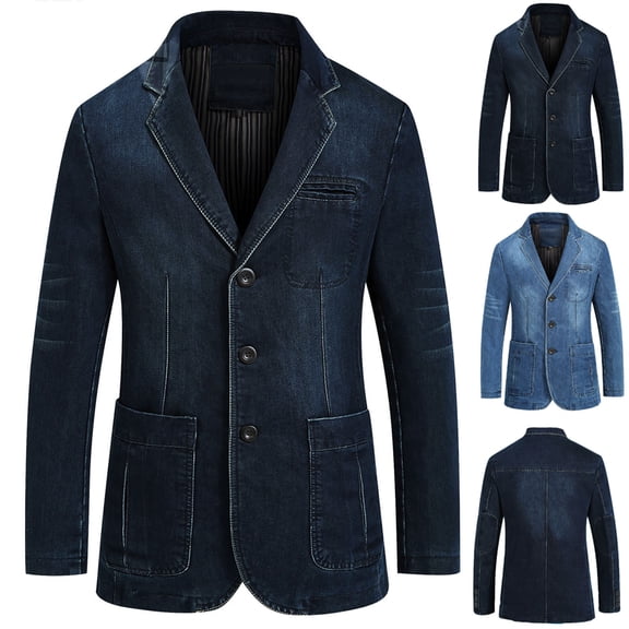 RYDCOT Men's Casual Vintage Lapel 3 Buttons Denim Blazer Slim Lapel Washed Denim Suit Jacket Business Slim Sport Coats Lightweight Jackets Light Blue