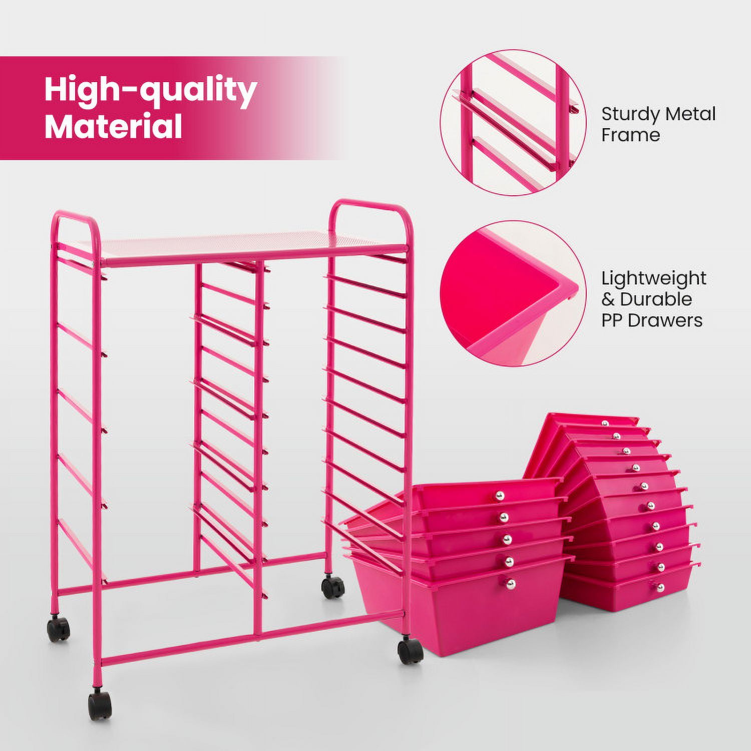Resenkos Filing Cabinet Office Drawers, Office Storage Cabinet,15-Drawer Utility Rolling Organizer Cart MultiUse Storage-Pink