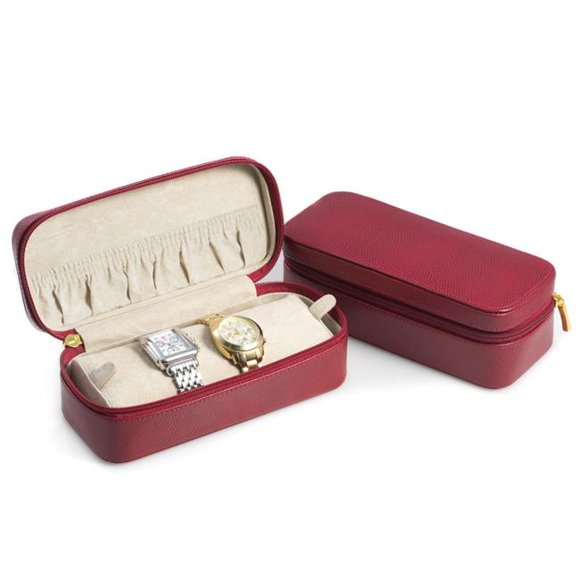 Bey-Berk International BB676RED Red Lizard Leather Watch & Bracelet Case with Soft Velour Lining with Zipper Closure