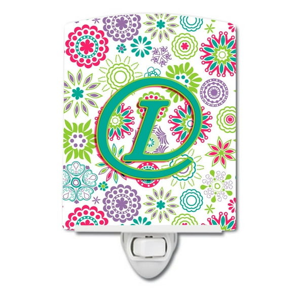 Caroline's Treasures CJ2011-LCNL Letter L Flowers Pink Teal Green Initial Ceramic Night Light, 6x4x3", multicolor