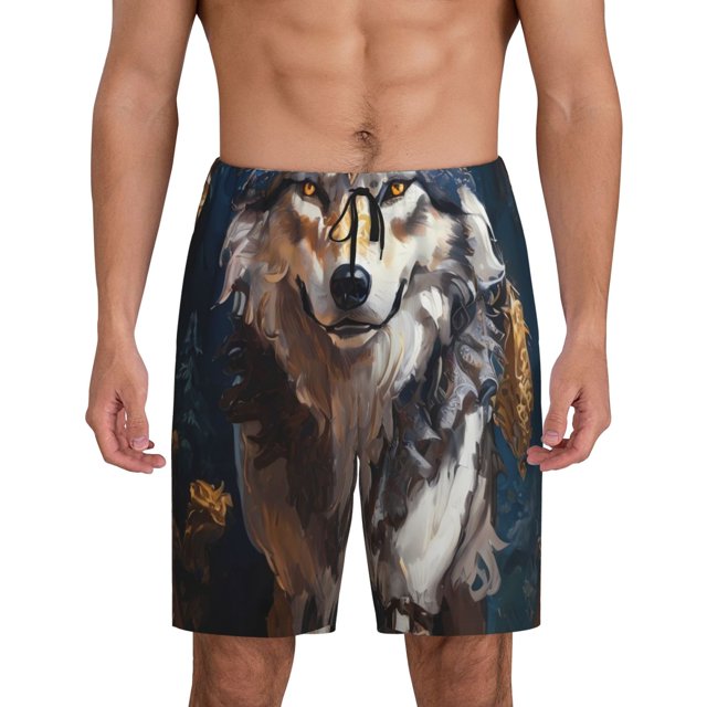 Balery Oil Painting Tribal Wolf Pantalones cortos de pijama de punto de algodón para hombre con cinturilla y bolsillos-Medium