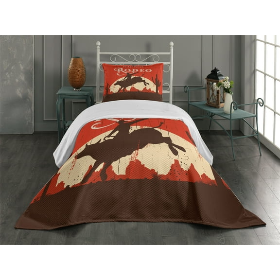 Ambesonne Vintage Quilted Coverlet 2 Pcs, Rodeo Cowboy Rides Bull, Twin Size, Orange Brown