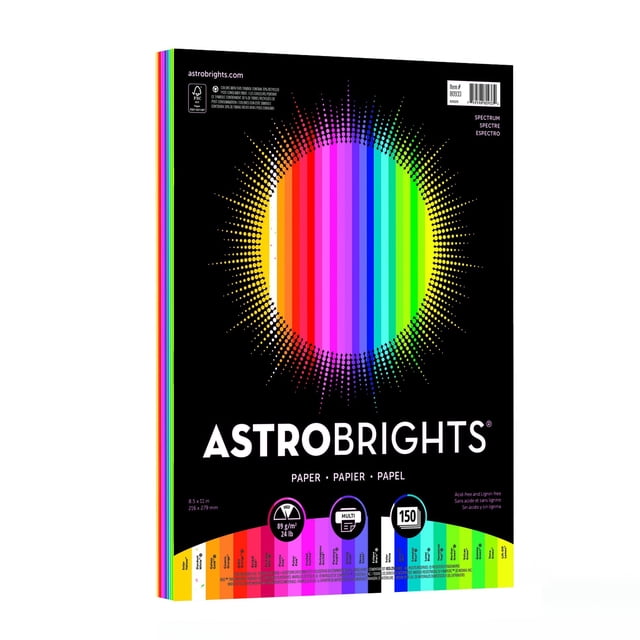 Papel de color Astrobrights, 21.6 x 27.9 cm, 10.9 kilogram/89 G/m2, "Spectrum" 25 colores surtido, 150 hojas (80933 – 01)