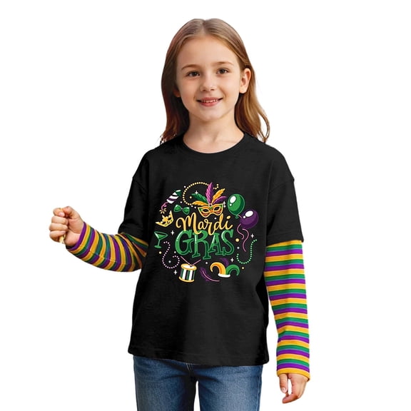 Curuila Kids Toddler Girls Boys T Shirts Mardi Gras Letter Print Long Sleeve Crew Neck Comfort Fashion Carnival Tops Black Size 2-3 Years