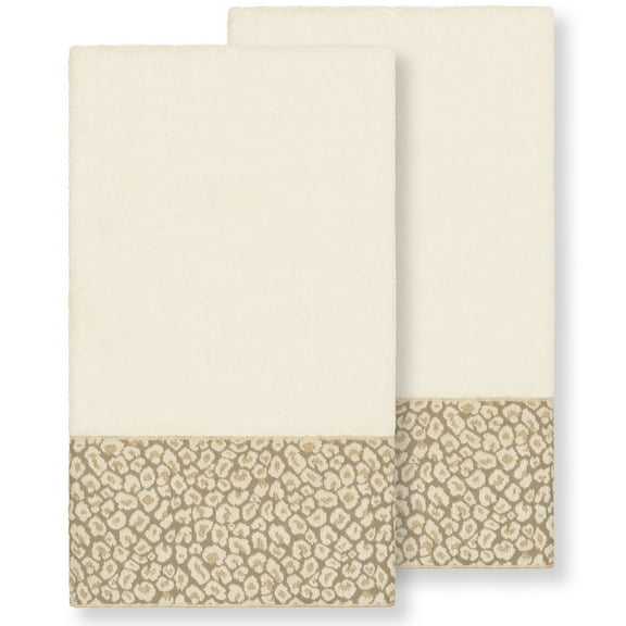 Authentic Hotel and Spa  Turkish Cotton Cheetah Jacquard Trim Cream 2-piece Bath Towel Set