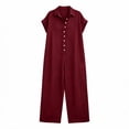 thumbnail image 5 of Women's Solid‑Color Short‑Sleeve Button‑Front Jumpsuit V‑Neck Loose Casual Wide‑Leg One‑Piece Long Pants with Pockets Wine XXL(XXL), 5 of 5