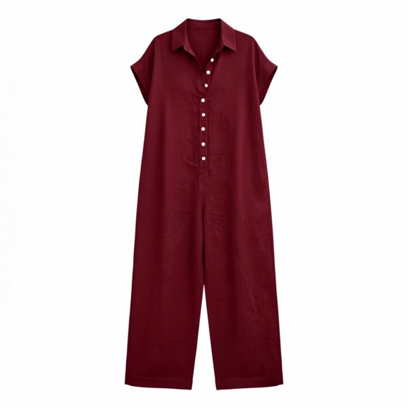 Ohufall Jumpsuits for Women V Neck Button Short Sleeve Pants Loose Wide Leg Comfort Fashion Casual Jumpsuit