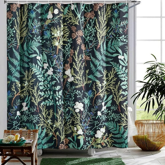 Moody Black Botanical Shower Curtain Vintage Floral Aesthetic Bathroom Decor, Dark Cute Plant Herb Wildflowers Green Leaves Fabric Shower Curtain Set, Spring Summer Themed Bathroom Curtain