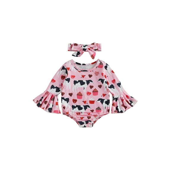 Bagilaanoe Newborn Baby Girl Rompers Heart Print Flared Long Sleeve Bodysuit + Headband 3M 6M 12M 18M Infant One Piece Jumpsuit