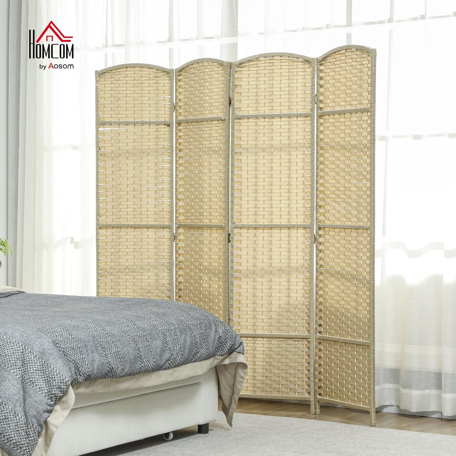 NIUMU Room Divider, 4 Panel Folding Privacy Screen, 5.6' Tall Freestanding Partition for Home Office, Bedroom, Beige