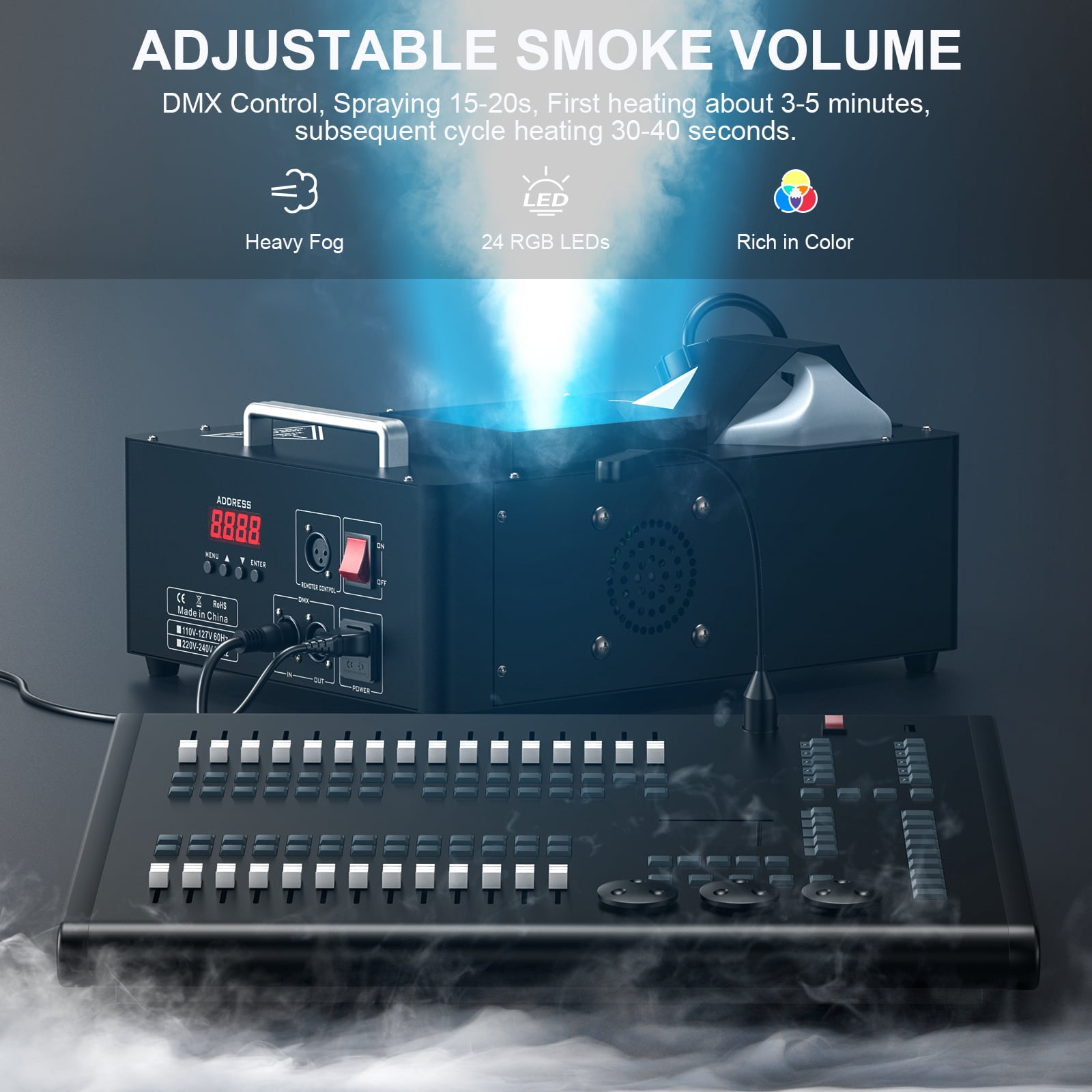 1500W Fog Machine with RGB 3-IN-1 24 LED Lights, DMX & Remote Control for DJ Stage Show, Wedding, Party, Halloween