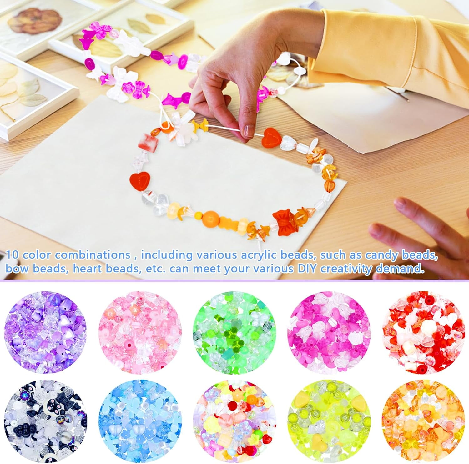 500PCS Acrylic Assorted Beads Flower Sweetheart Butterfly Candy Acrylic Kawaii Aesthetic Beads for Bracelets DIY Jewelry Making (10 Candy Colors)