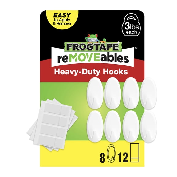 FrogTape reMOVEables Medium White Heavy Duty Hooks, 8 Hooks and 12 Adhesive Strips