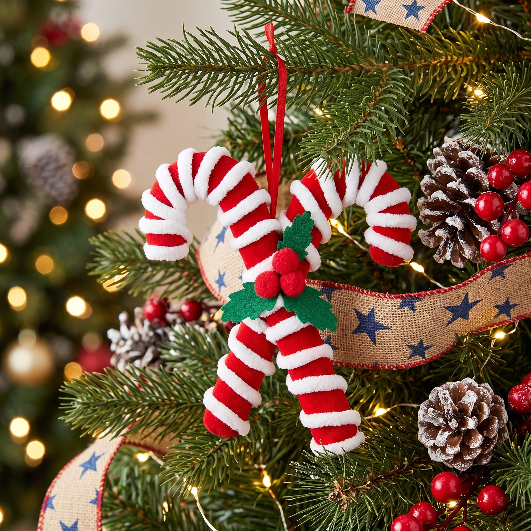 4-Count Red and White Fuzzy Candy Cane Christmas Ornaments, 6.5", by Holiday Time