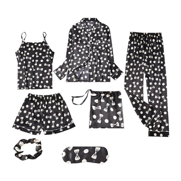 Pijama de satén de seda para mujer Inicio 7 piezas conjunto de pijamas de para mujer, camisola, pantalones cortos, banda para el cabellero, para ojos, ropa de dormir, ropa de dormir - XL SG Magideal Pijama de satén de seda para mujer Inicio