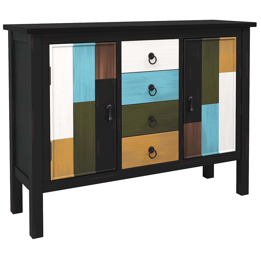 Lowestbest Colorful Pine Wooden Console Table, Sofa Table with Four Drawers and Two Large Cabinets (Black) Lowestbest Colorful Pine Wooden Console Table, Sofa Table with Four Drawers and Two Large Cabinets (Black)