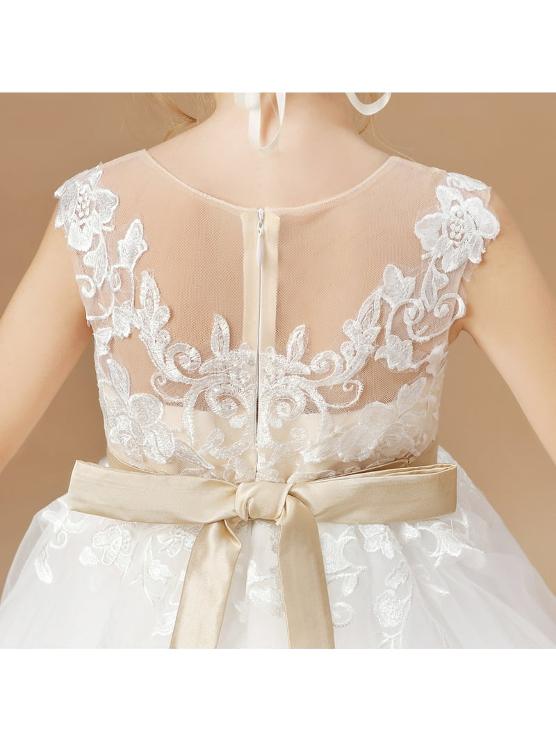 Tulle First Communion Dress Lace Appliques Flower Girl Dresses for Wedding  Girls Pageant Ball Gown (Ivory 10 -11Years