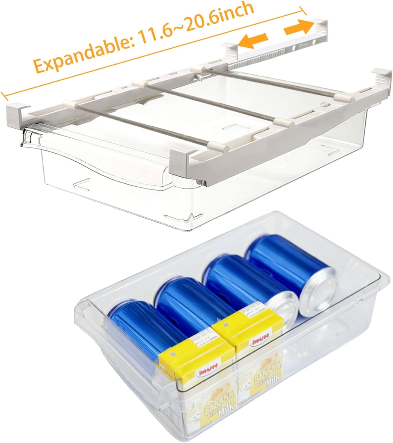 Fridge Drawer Organizer, Adjustable Refrigerator Drawers for Fruit and Vegetable, Pull Out with Handle, Shelf Holder Storage Box, Fit for Fridge Shelf Under 1.1"