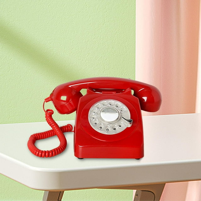 Téléphone Filaire de Bureau à Cadran Rotatif Vintage Téléphone Rétro Rouge