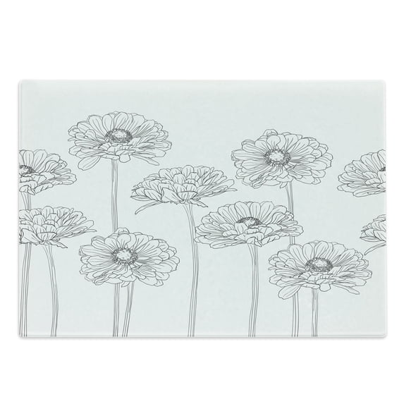 Gerber Daisy Cutting Board, Monochrome Uncolored Thin Line Artwork of Natural Flowers with Stems, Decorative Tempered Glass Cutting and Serving Board, in 3 Sizes, by Ambesonne