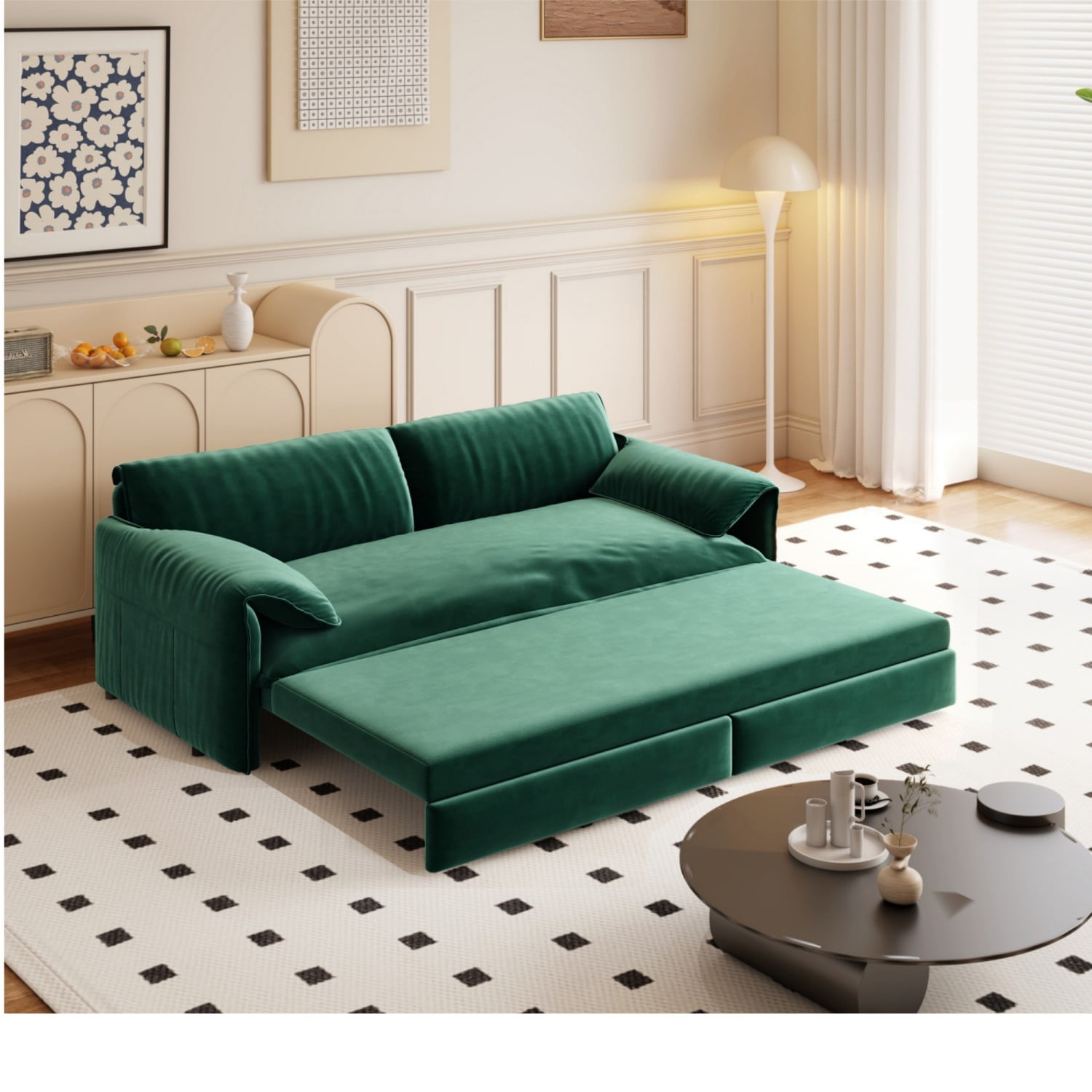 66" Queen Pull Out Sofa Bed, 3-in-1 Convertible Sleeper Sofa with Side Storage,Multi-Functional Velvet Loveseat Bed for Living Room,Bedroom,Apartment,Office.Green