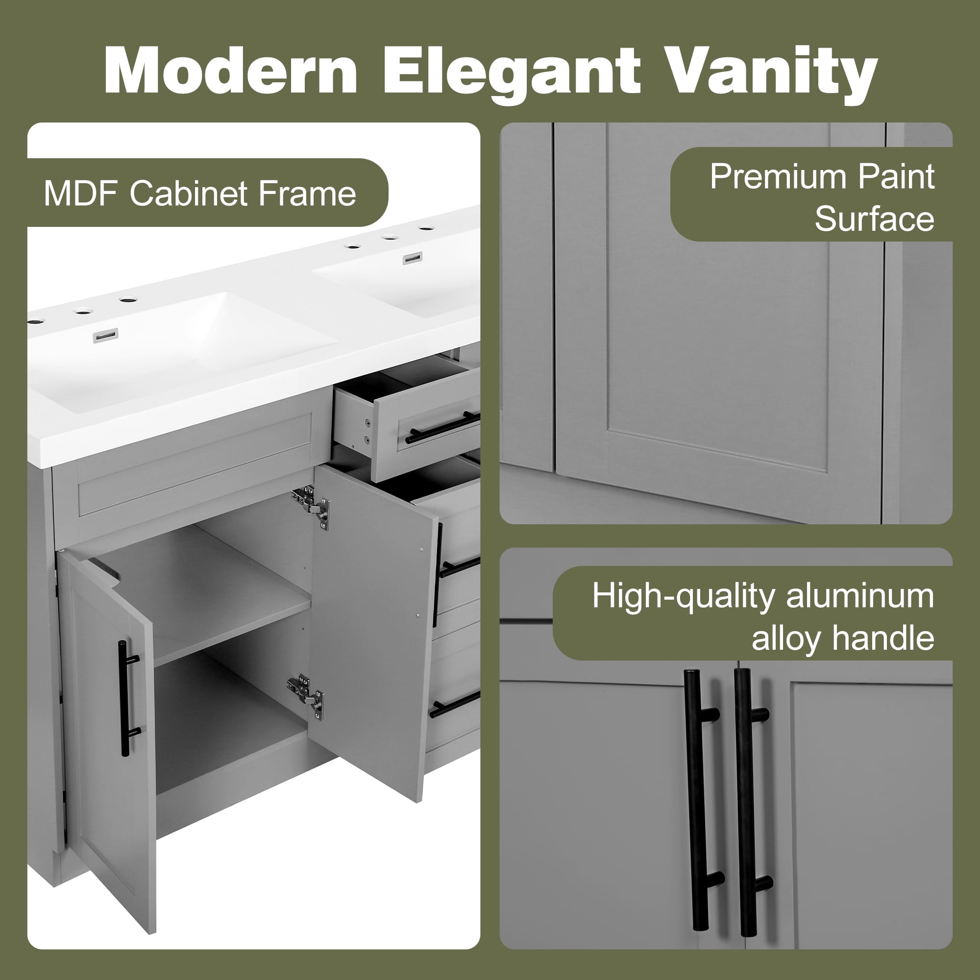 Harper & Bright Designs 59.3'' Large Bathroom Vanity with Double Sink, Free Standing Single Basin Vanity Set with Drawers and Door, Bathroom Sink Storage Cabinet, Gray
