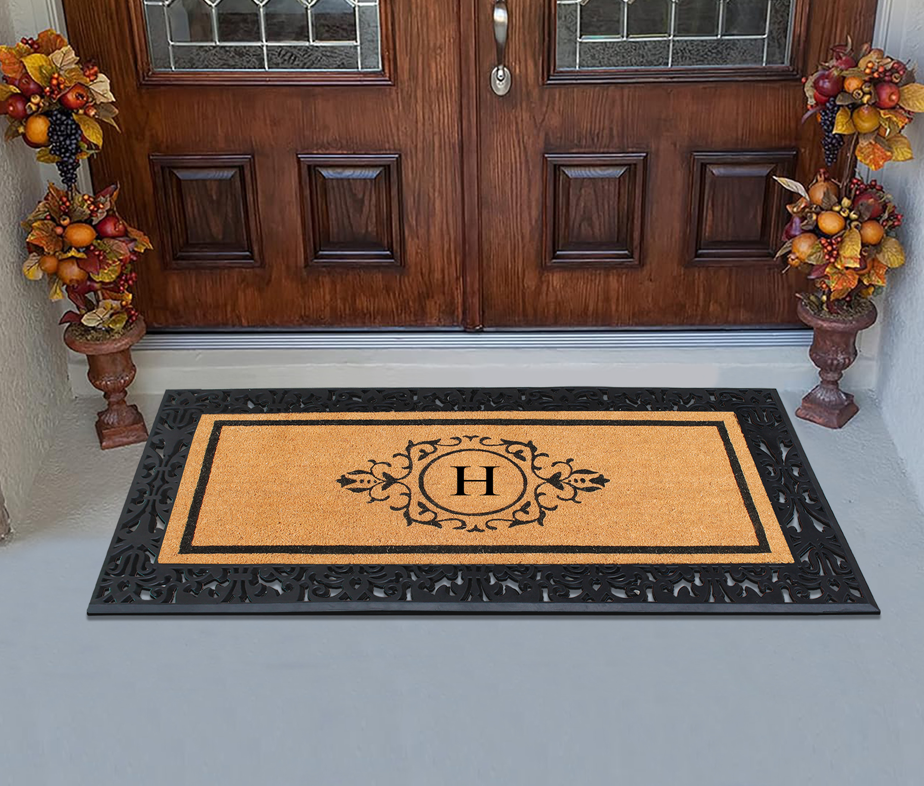 A1HC Natural Coir and Rubber Paisley Hand-Flocked Monogrammed Doormat, 30"x60", Durable Low Profile Heavy Duty Outdoor Front Door Mat, Black