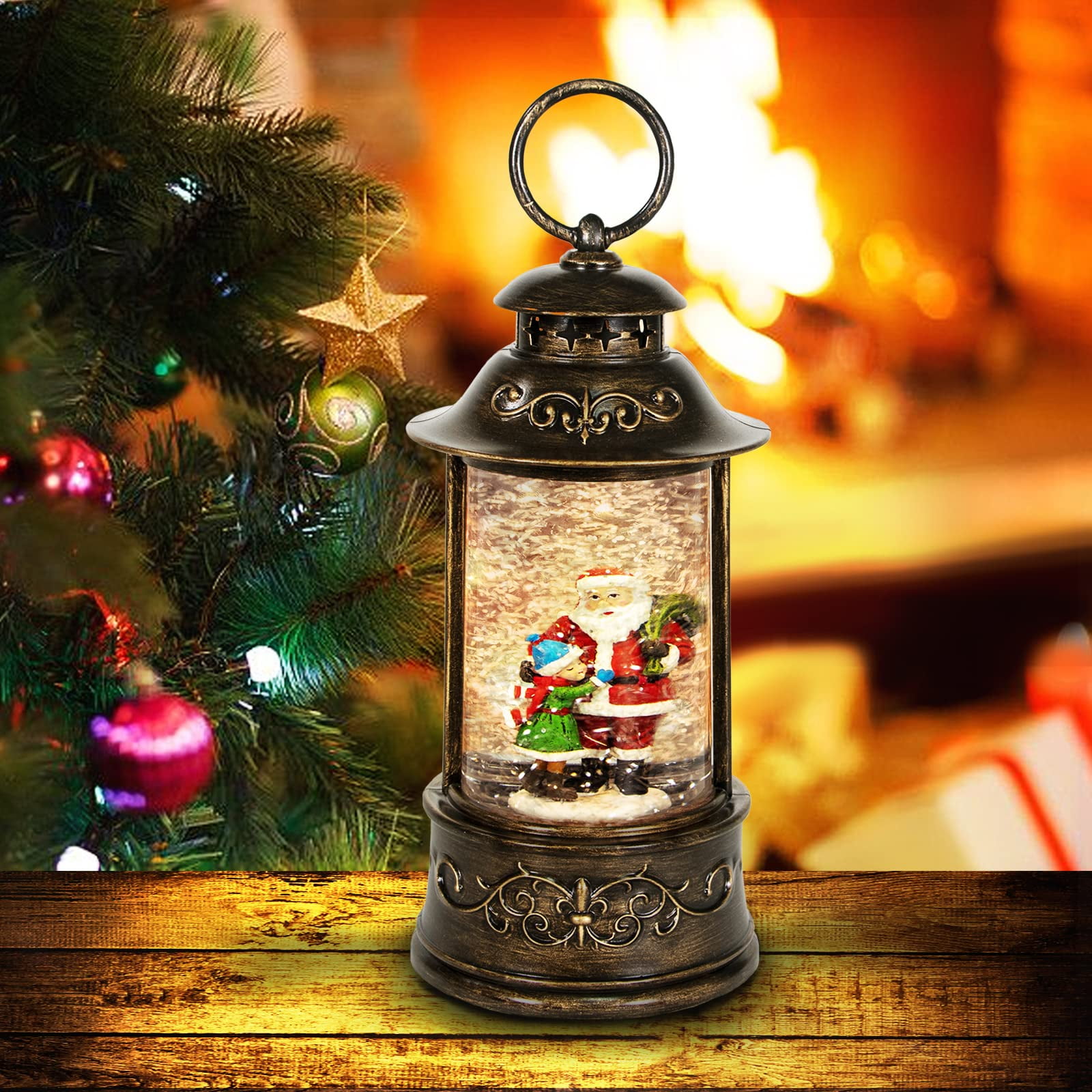  Christmas Snow Globe Lantern Musical,6H Timer Cylinder Glitter  Snow Globe,Bronze Snow Globes Christmas with Music Box Including 8  Songs,Lantern with Xmas Tree Snowman Decor : Home & Kitchen