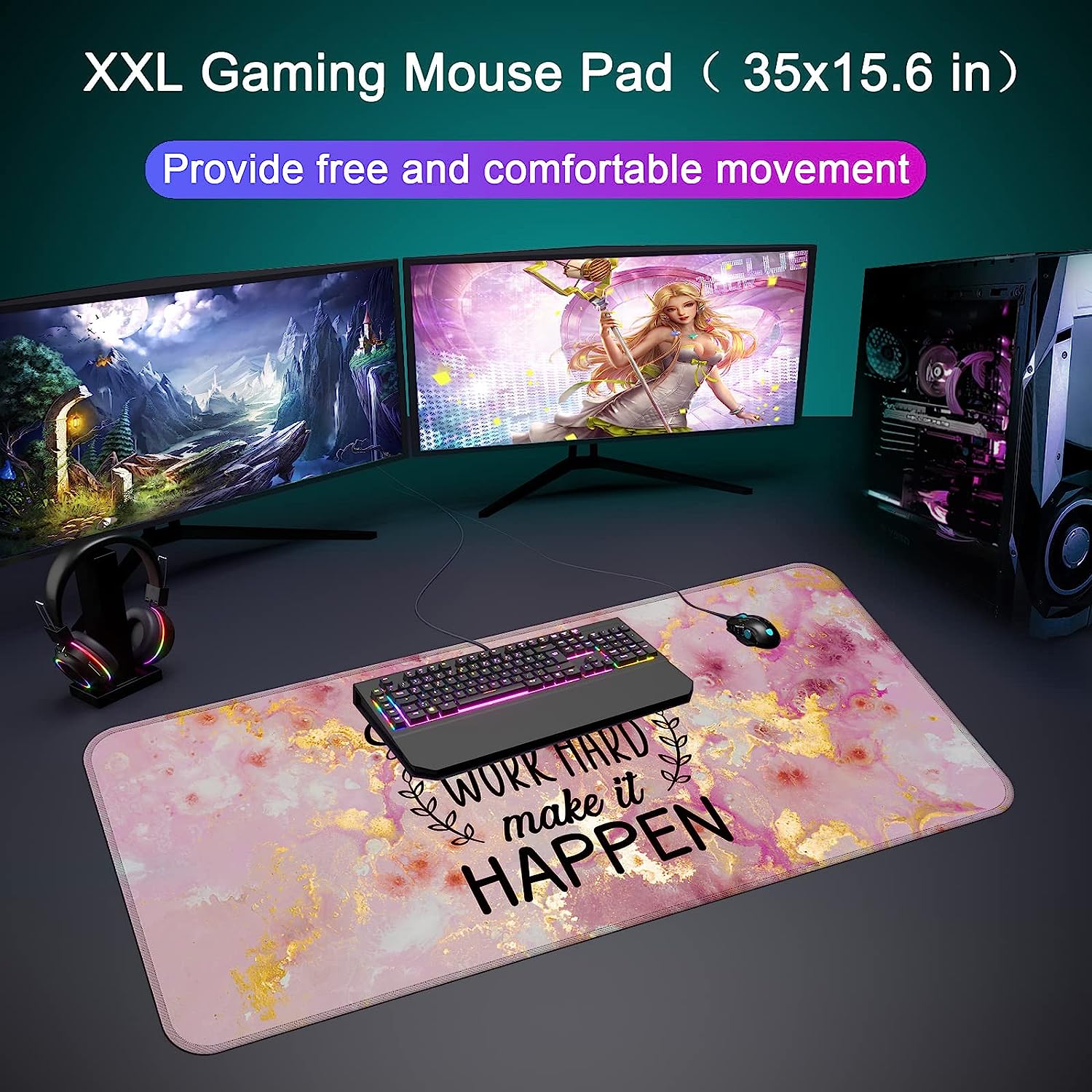 Desk Mat,Large Mouse Pad 35''×15.6'' XXL Extended Gaming Mouse Pad Mat with Non-Slip Base Stitched Eges Mousepad for Computer,Office,Keyboard and Laptop -Stay Positive