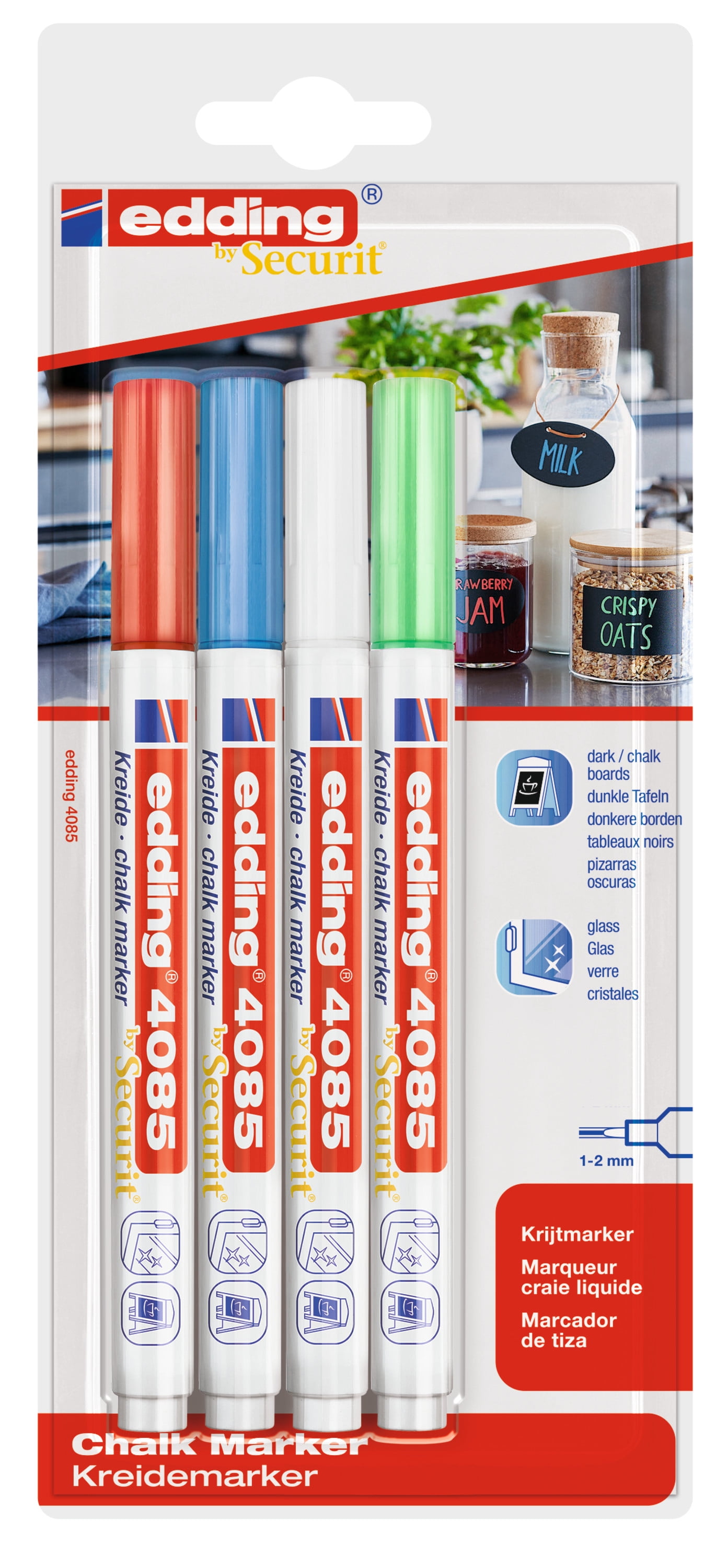 edding 4085 Chalk Marker Set, 4-Marker Basic Colors Set