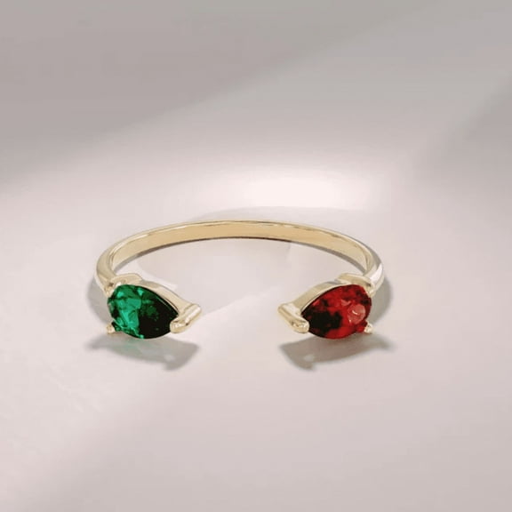Open Pear Red Garnet Emerald Ring Womens in14k Yellow Gold Stacking Ring Enhancer For Her - January Birthstone Ring