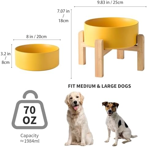 8'' Ceramic Raised Dog Bowl - 70Oz Dog Food & Water Bowl with Elevated Non-Slip Bamboo Stand, Dishwasher & Microwave Safe, Anti Vomiting Heavy Duty Pet Bowl for Medium and Large Dogs, Yellow