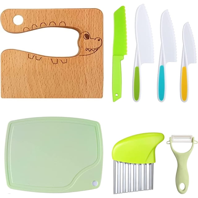 LAICAIW 8PCS Wooden Kids Kitchen Knife Kit Include Wood Kids Safe Knives for Real Cooking Plastic Potato Slicers Cooking Knives Serrated Edges Toddler Knife Kids Plastic Knives for Kitchen Children