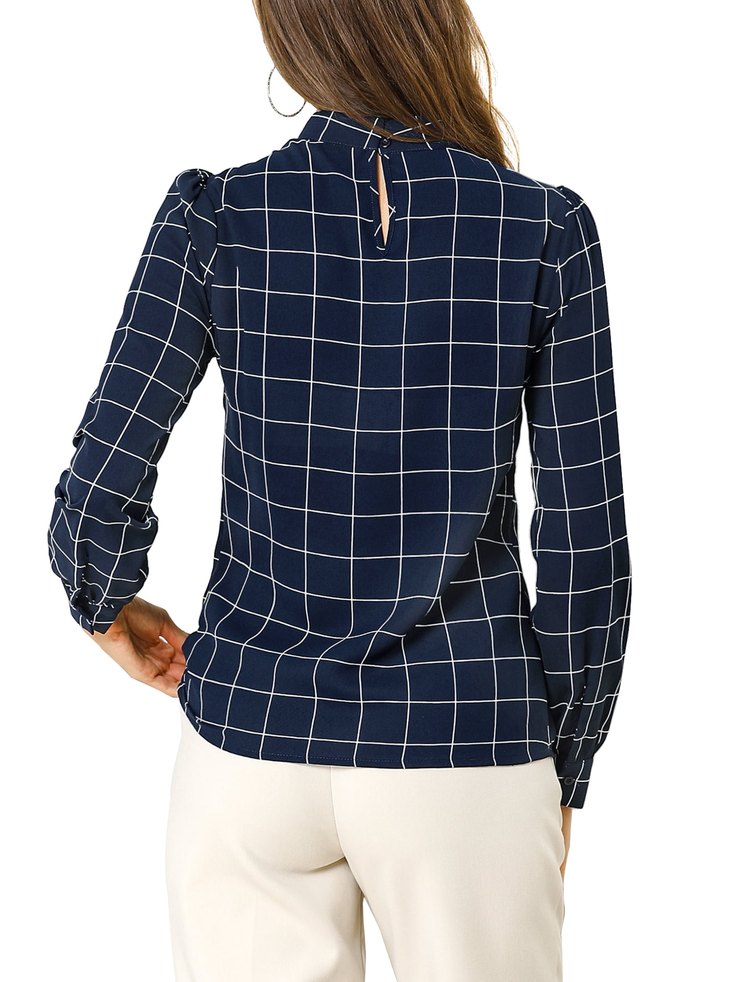 DARING DIVA Bow-Tie Neck Office Work Checks Shirt Top S Navy Blue