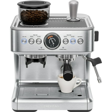 Chefman Crema Supreme Espresso Machine with Conical Burr Grinder and Steam Wand – Stainless Steel, New
