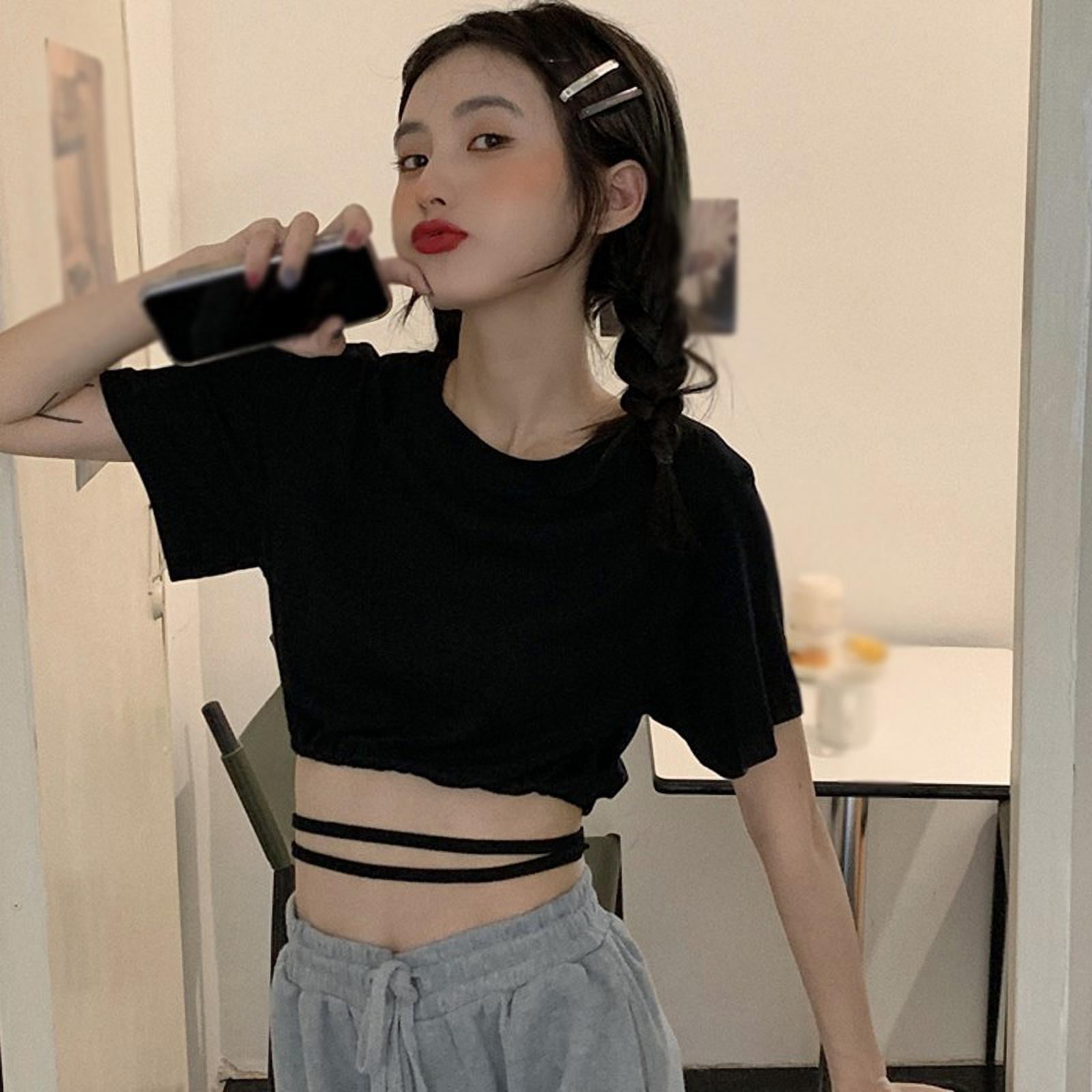Summer Korean Style Fashion Sexy Personality Tie Rope T Shirt Women Slim  Short Style Short-Sleeved T-Shirt Top Black L 