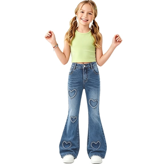 Girls Flare Jeans with Heart Patch, Stretch Bell Bottom Denim Pants for Tween Girls 8-12 Years