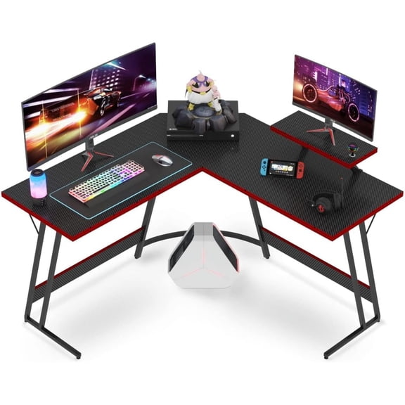 L-Shaped Gaming Desk with Monitor Stand – Carbon Fiber Texture – Home Office Computer Desk – Space-Saving & Easy to Assemble
