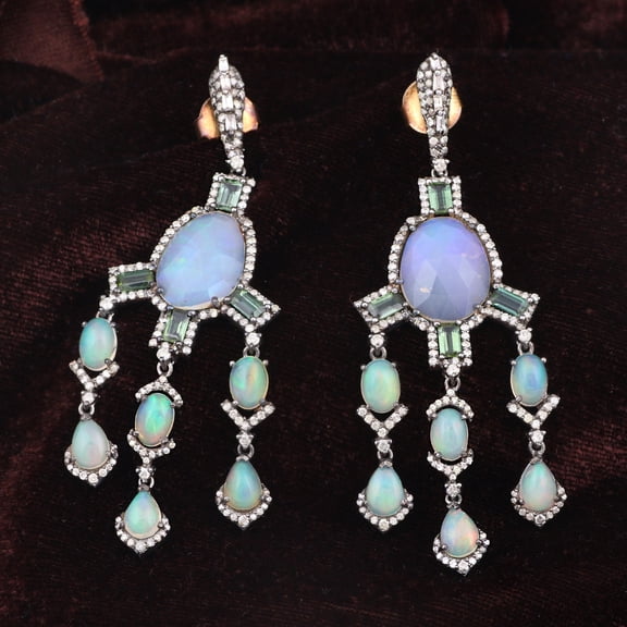 Natural Opal Tourmaline,Diamond Gemstone 925 Sterling Silver Earrings