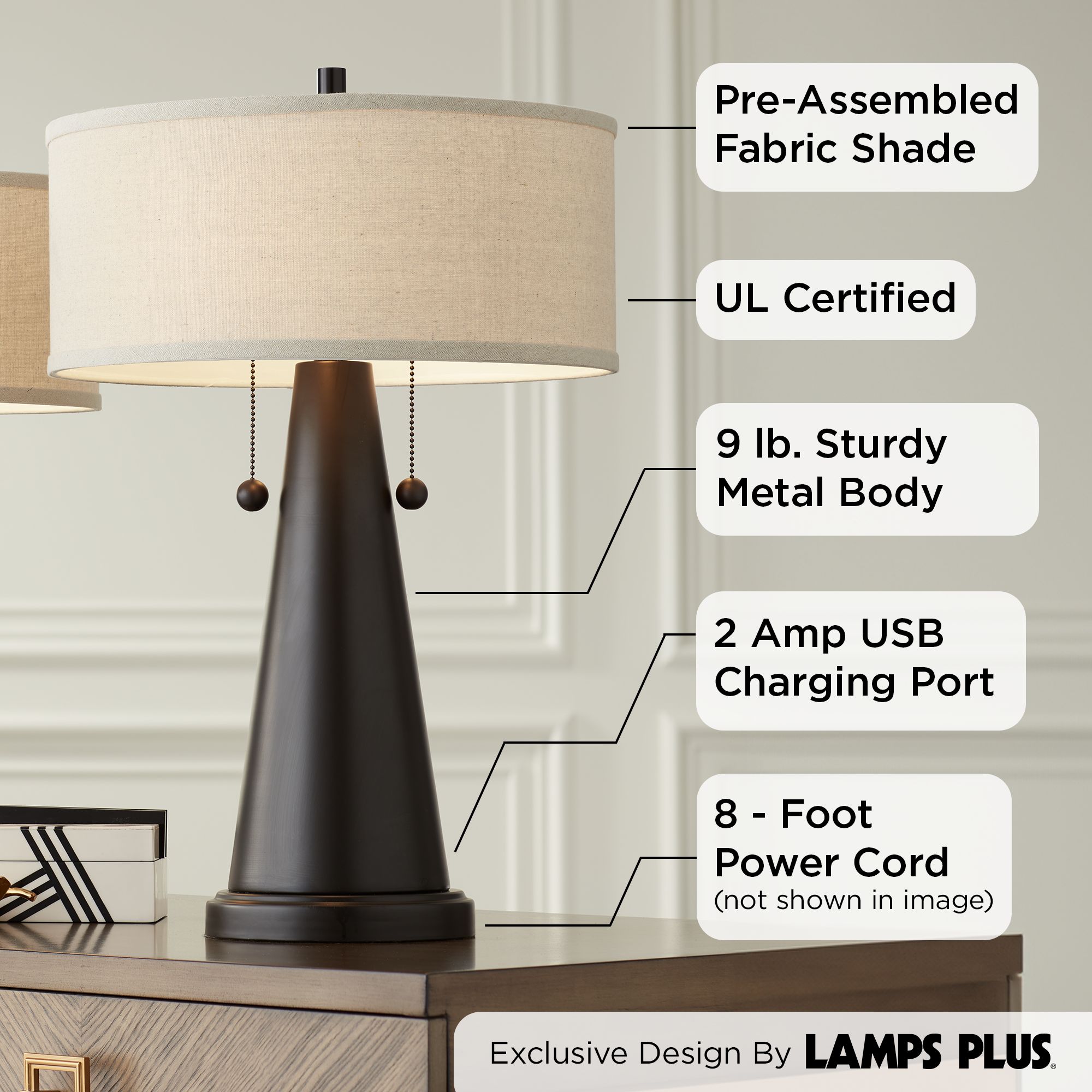 Franklin Iron Works Craig Rustic Farmhouse Accent Table Lamps 23" High Set of 2 Bronze with USB Charging Port Natural Drum Shade for Bedroom Desk - image 3 of 8