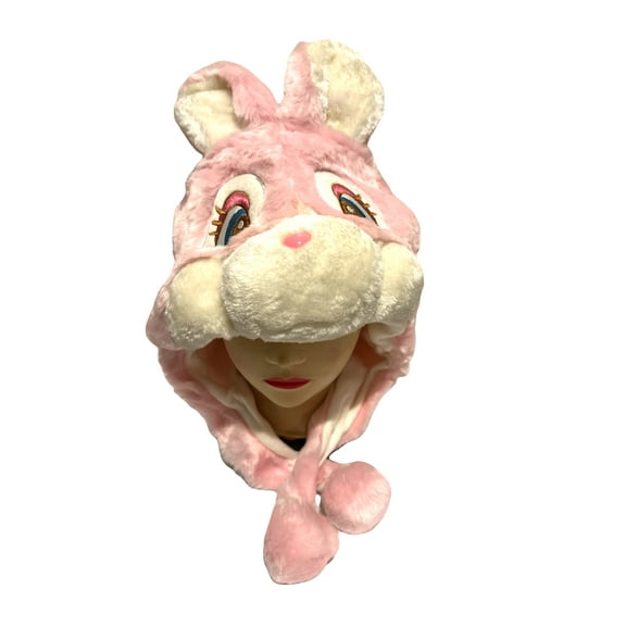 Plush Pink Rabbit Animal Hat - Rabbit Hat with Ear Flaps and Poms