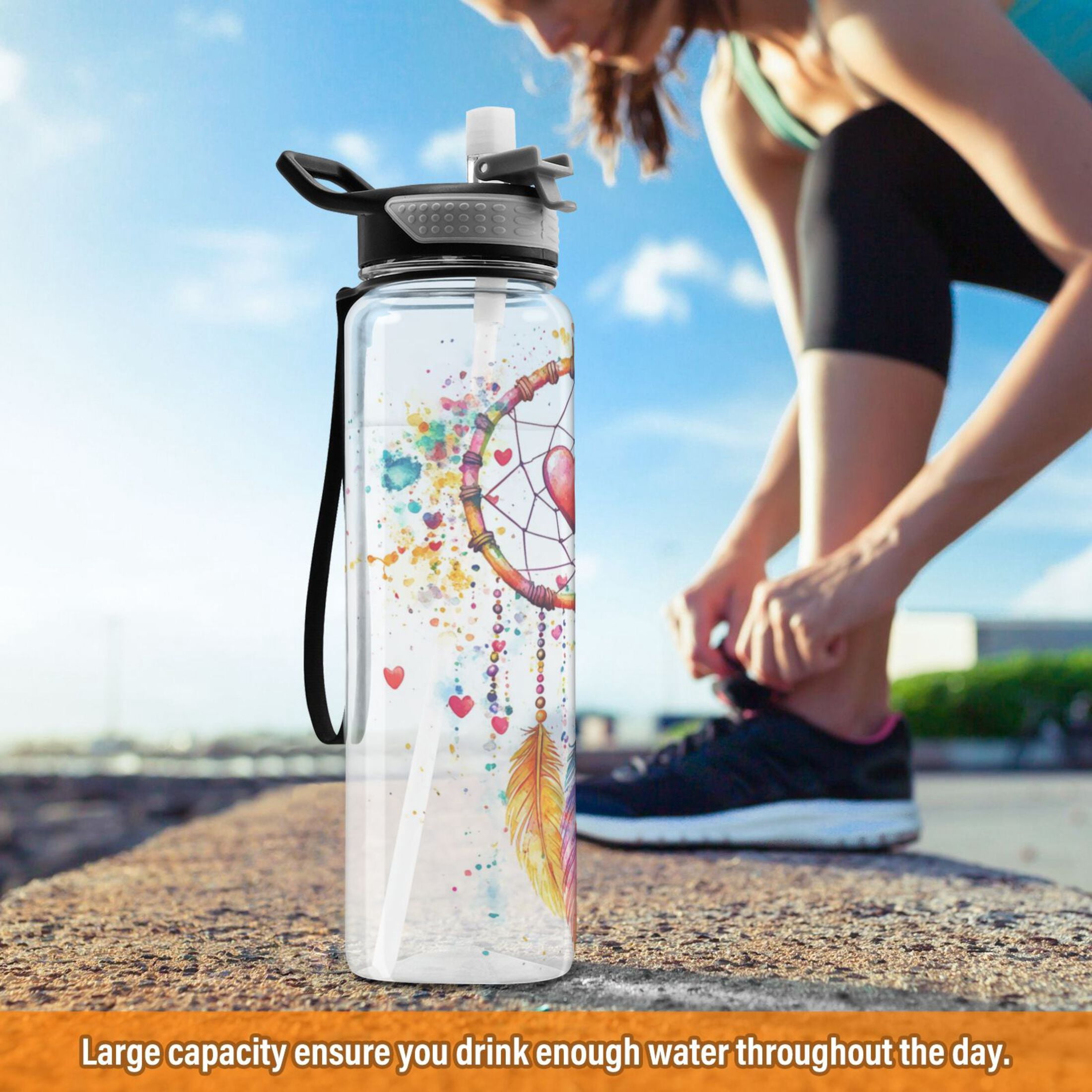 Motivational Water Bottle 32 oz with Straw, BPA Free Reusable Fitness Sport Bottle Perfect for Travel, School, Outdoors, and Gym Dreamcatcher