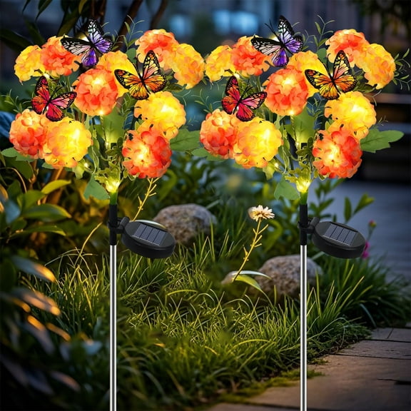 Solar Garden Lights Outdoor, 2 pack Solar Flower Lights with 12 Hydrangea and 6 Butterflies, Waterproof Solar Lights for Pathway Patio Yard Decoration