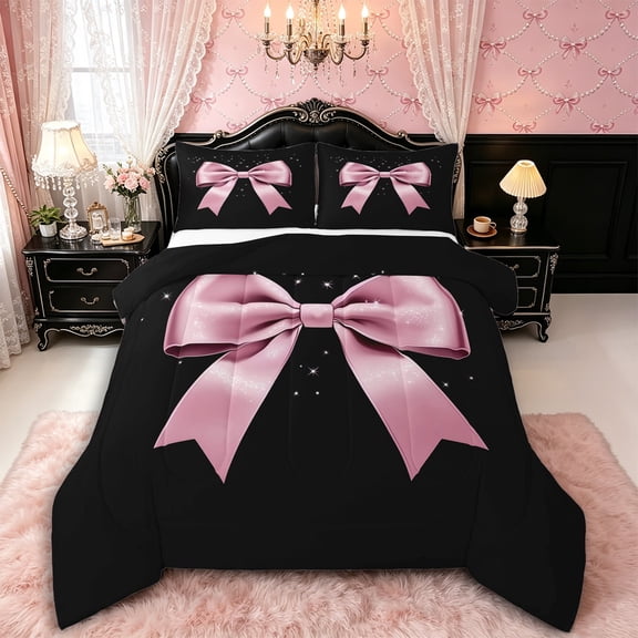 Manfei Girls Ribbon Bow Queen Comforter Set 3pcs,Sparkling Sequins Bedding Comforter Set for Kids Teens,Black Reversible,Luxury Bedroom Decor
