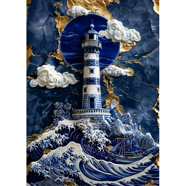 Retro Abstract Blue and White Porcelain Landscape Mountains and Rivers Canvas Printing Home Wall Decoration Frameless Painting50 x 70 cm, frameless